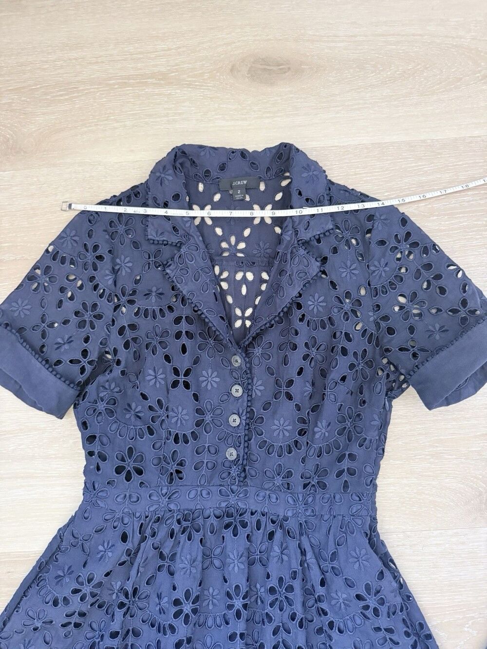 J Crew Embroidered Eyelet Navy Midi Dress Sz 2 1940s Retro Pockets Lucy Pinup - Picture 12 of 16